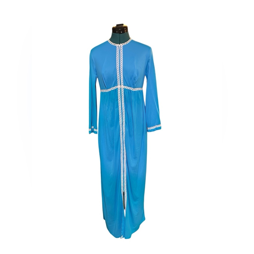 Vtg 60s Formfit Rogers Blue Long Zip Up Nightgown Lace Trim Youth 10-12/Small